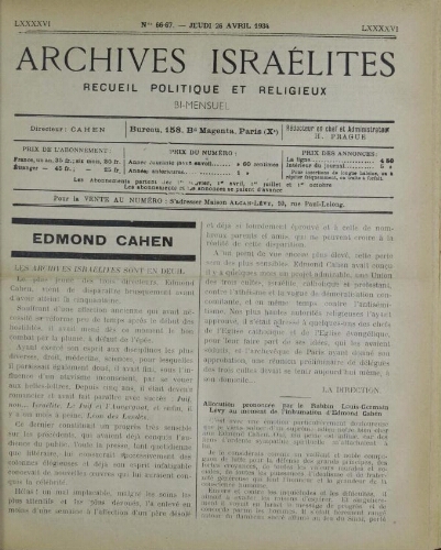 Archives israélites de France. Vol.96 N°66-67 (26 avr. 1934)